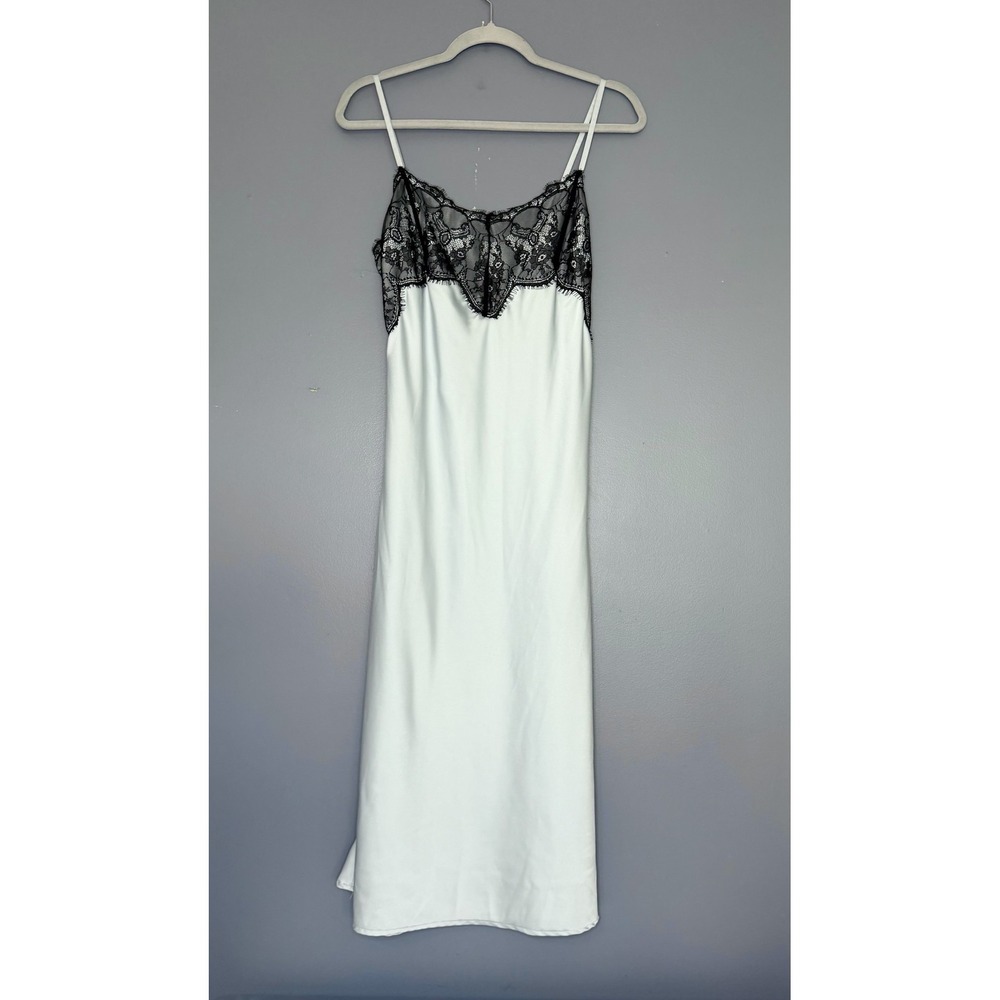 Wild Fable Slip Dress M Blue Black Lace Satin Midi Side Slit Party Fairy Grunge